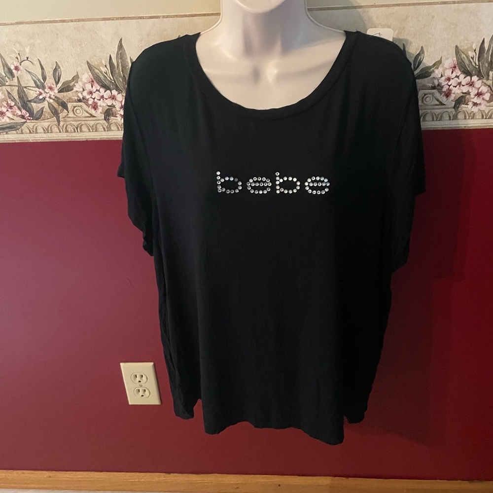 bebe Black Short Sleeve Tee with Rhinestone Logo